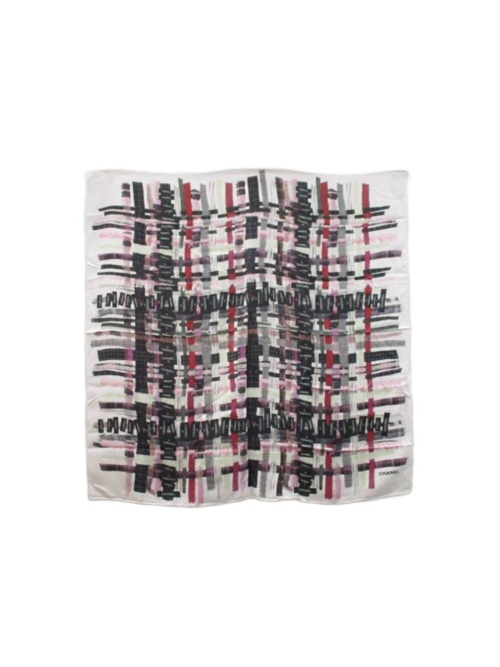 Chanel Label Tweed Print Scarf Silk Large White